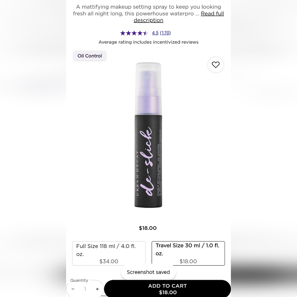 Urban Decay De-Slick Oil Control Makeup Setting Spray 30 mL 1 Fl Oz Bundle 6/$24